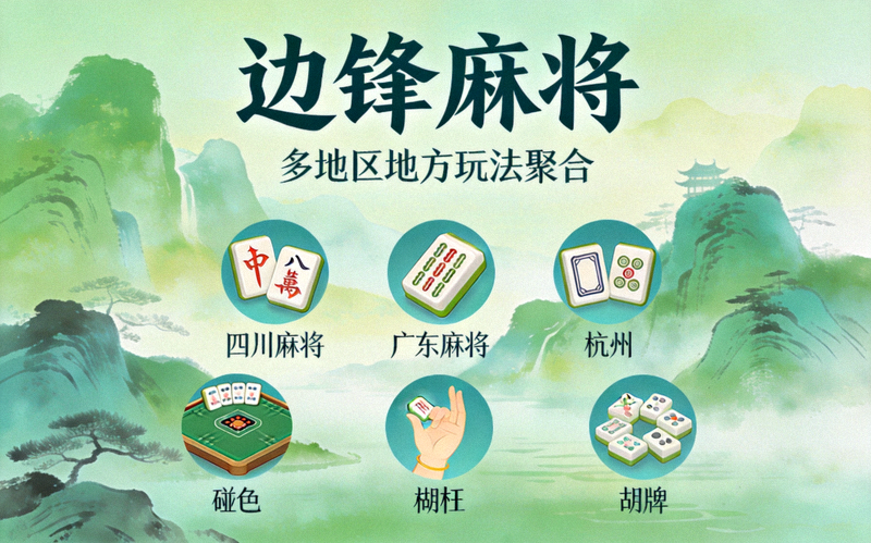 边锋麻将手游封面，绿色山水画面配合地方麻将风格，展示多地区地方玩法聚合的麻将游戏