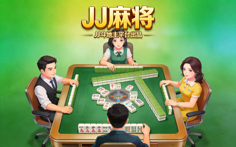 JJ麻将手游封面，绿色渐变底色的竞技风格画面，展示JJ斗地主平台出品的多人麻将竞技游戏