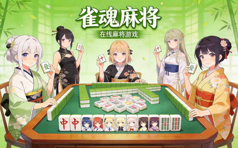 雀魂麻将手游封面，绿色画面搭配日式立直麻将风格，展示二次元美术的在线麻将游戏
