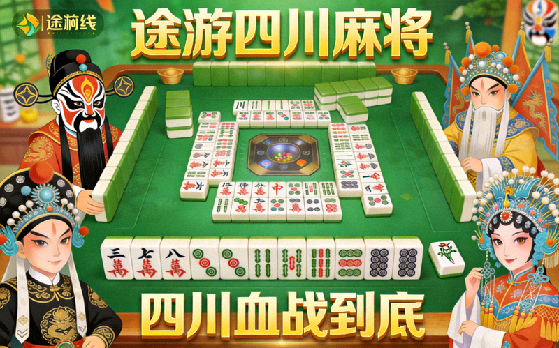途游四川麻将手游封面，绿色基调中带有川剧元素，展示四川血战到底玩法的麻将游戏